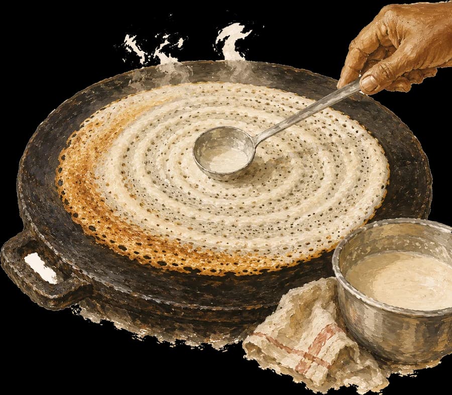Hand-painted scene of a dosa griddle in a working kitchen
