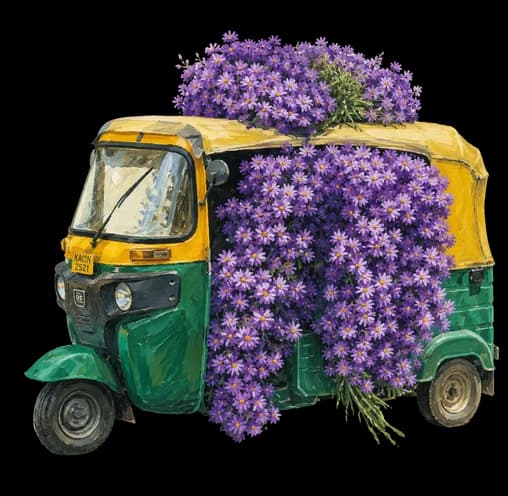 Hand-painted illustration of a Bengaluru auto rickshaw carrying flowers