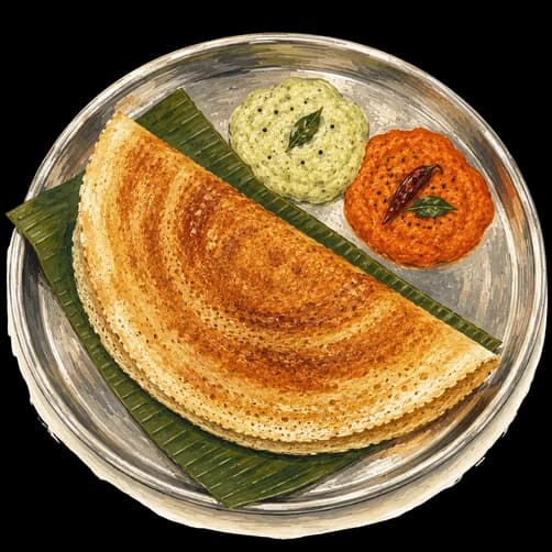 Hand-painted illustration of a benne dosa on a steel plate with coconut and tomato chutney
