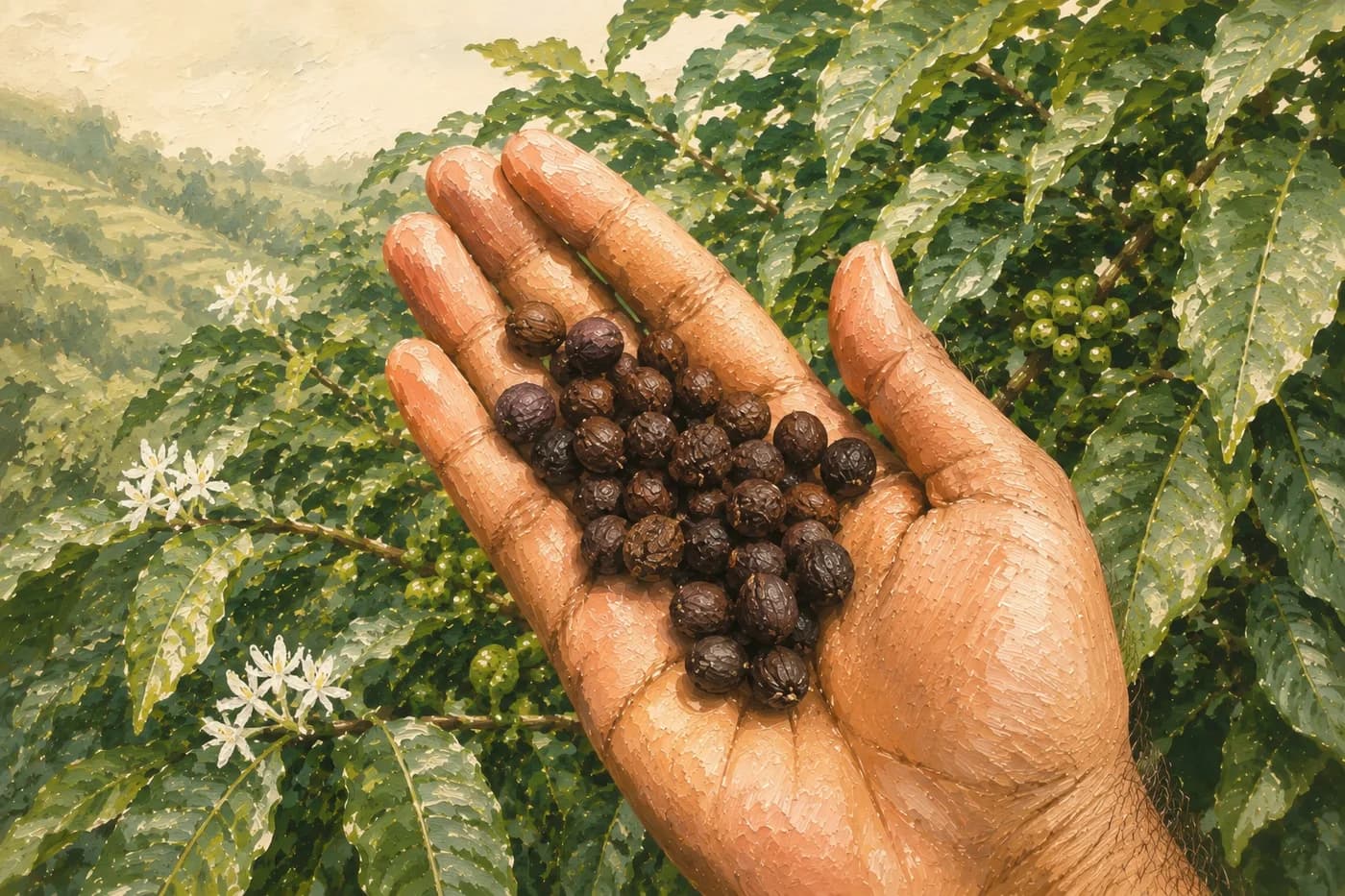 Hand-painted scene of a hand holding roasted coffee beans among the coffee plants at Fathima Estate